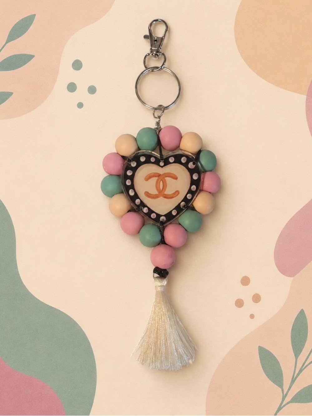 Handmade Heart Beaded  Tassel Keychain  - Pastel Pink, Mint & Cream